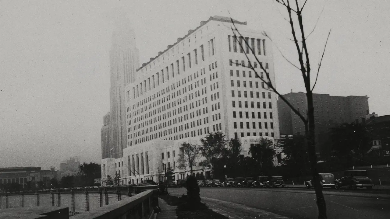 An office block half lost in fog